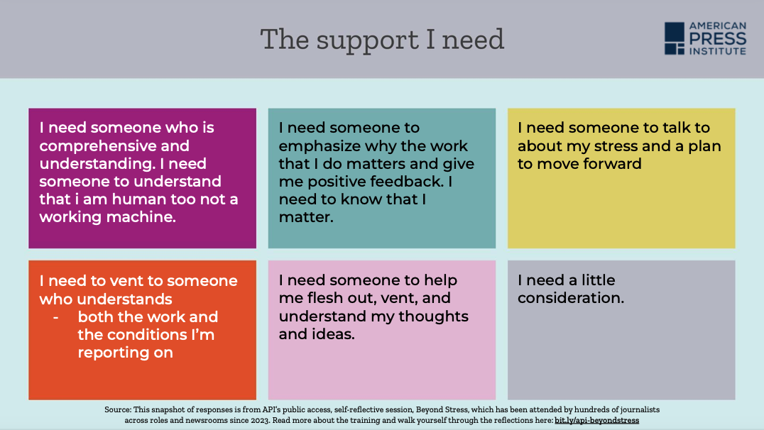 A colorful screenshot of six rectangles quoting responses from journalists about what support they need.